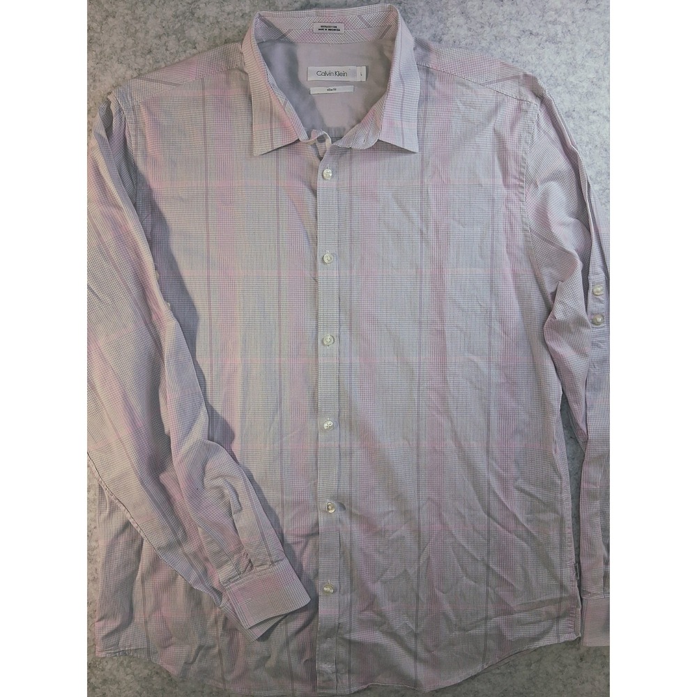 Calvin Klein Men Large Slim Fit Long Sleeve Shirt Button Pink Plaid Check Cotton